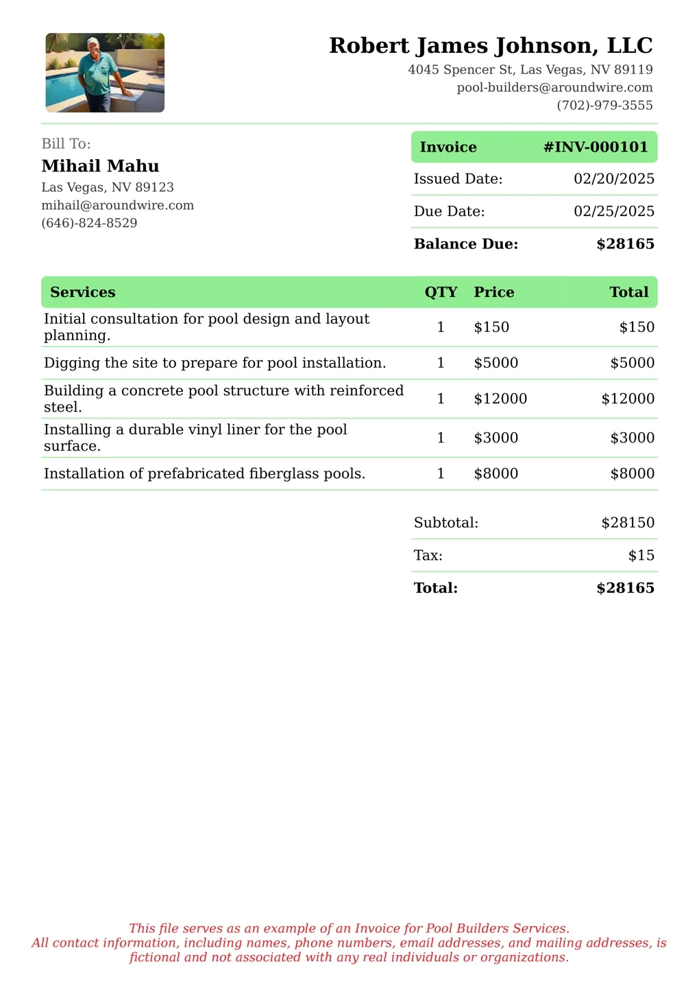 Sample of a Pool Builders services invoice