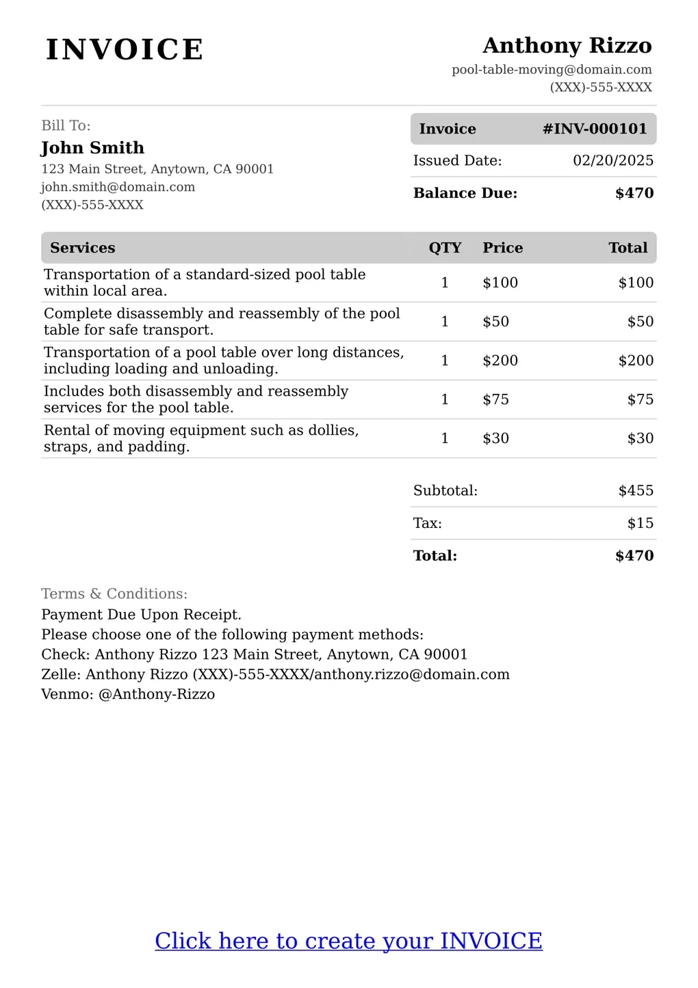 Sample of a Pool Table Moving services invoice