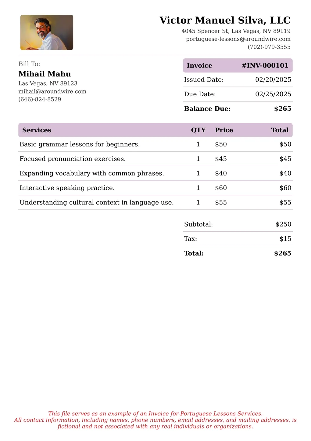 Sample of a Portuguese Lessons services invoice