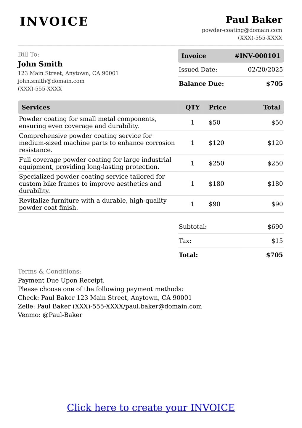 Sample of a Powder Coating services invoice