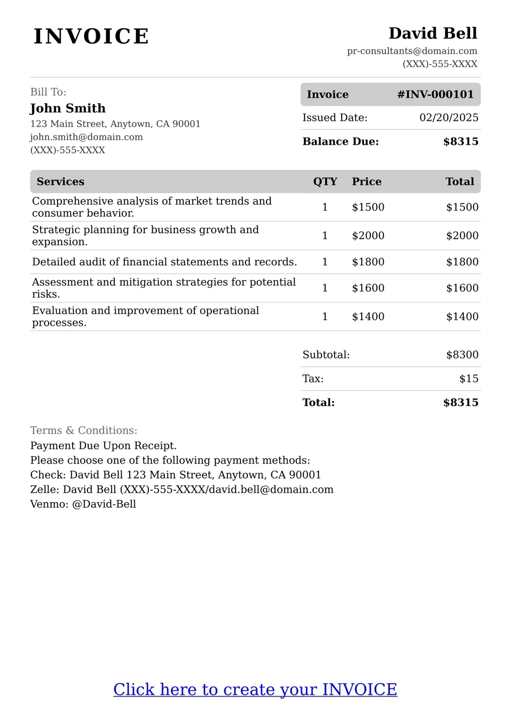 Sample of a Pr Consultants services invoice
