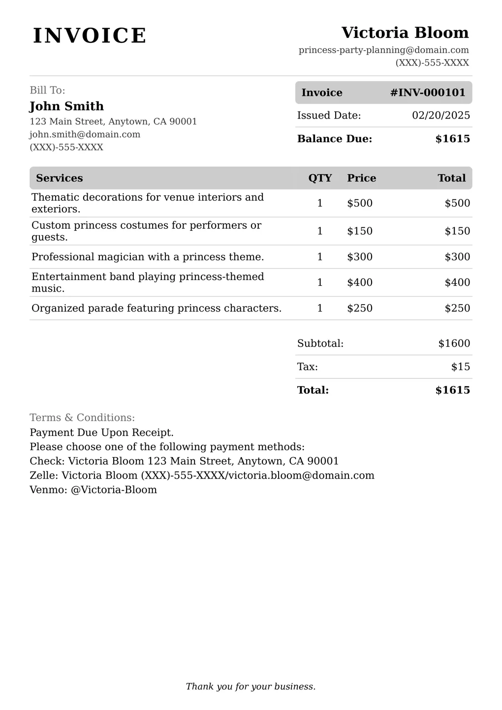 Sample of a Princess Party Planning services invoice