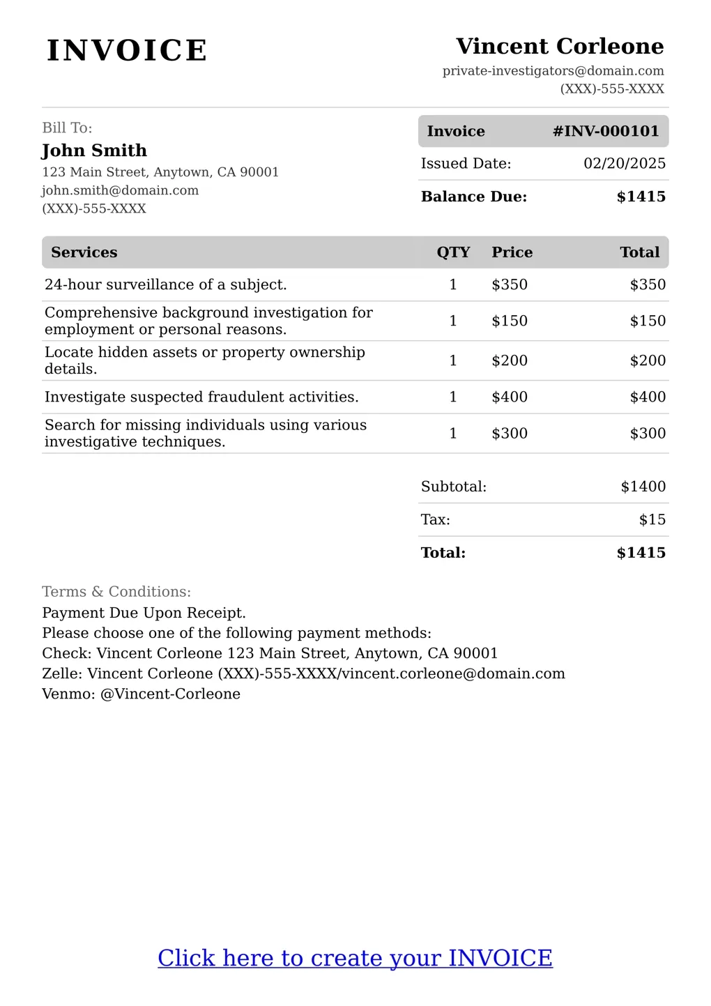 Sample of a Private Investigators services invoice