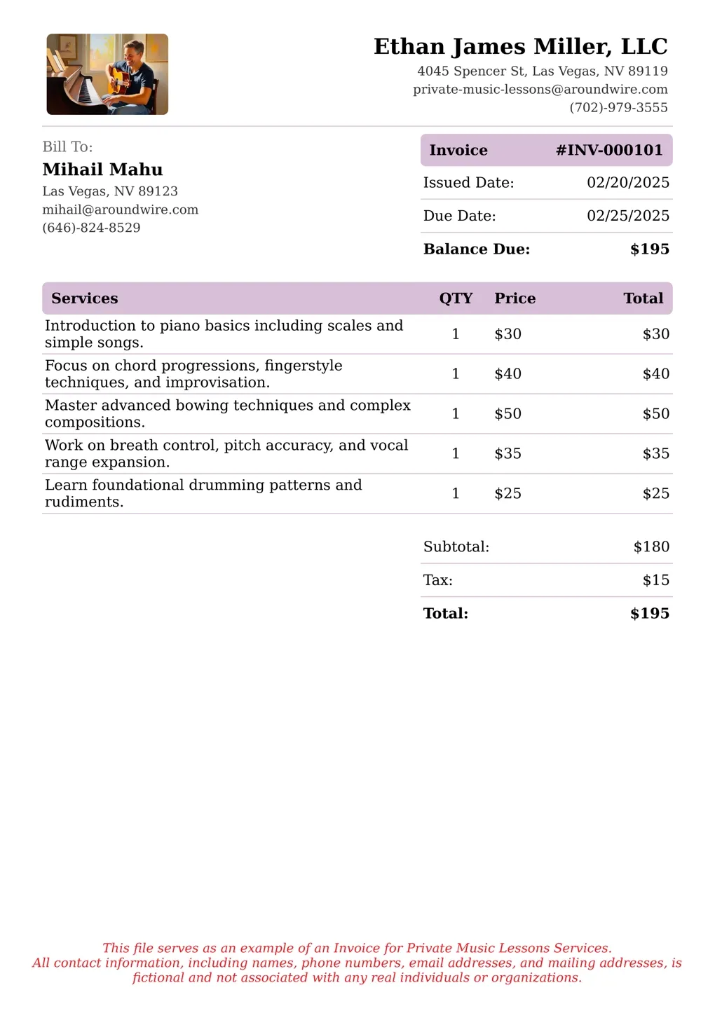 Sample of a Private Music Lessons services invoice