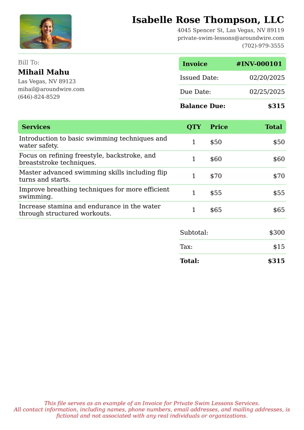 Sample of a Private Swim Lessons services invoice