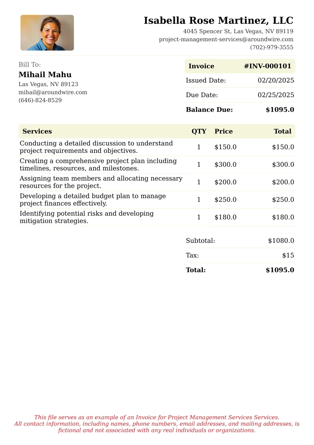 Sample of a Project Management Services services invoice