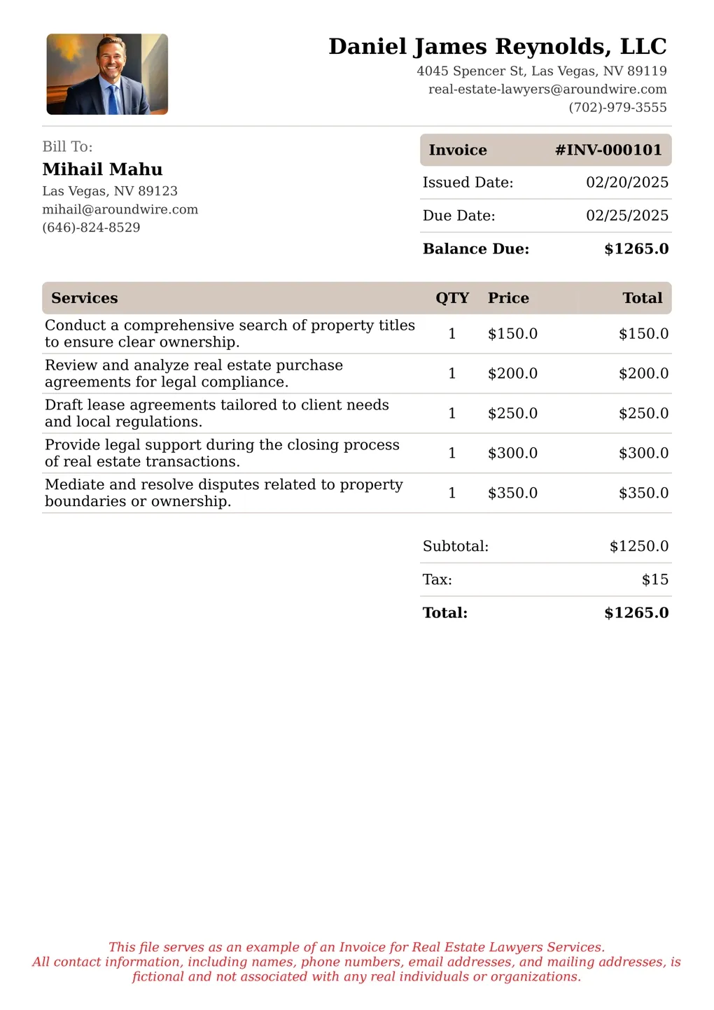 Sample of a Real Estate Lawyers services invoice