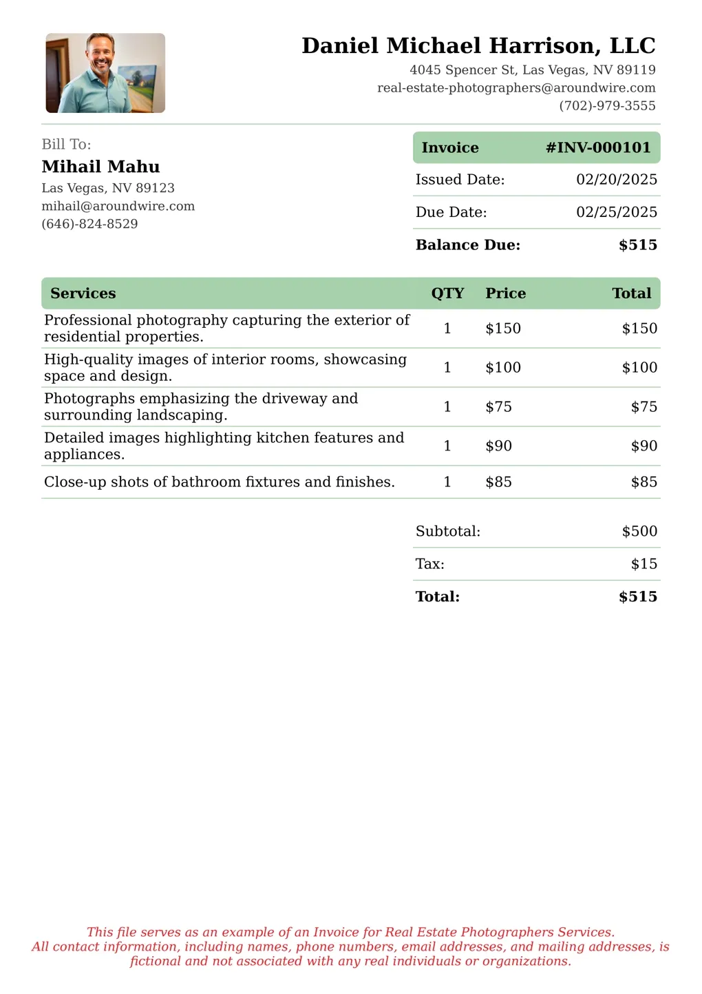 Sample of a Real Estate Photographers services invoice