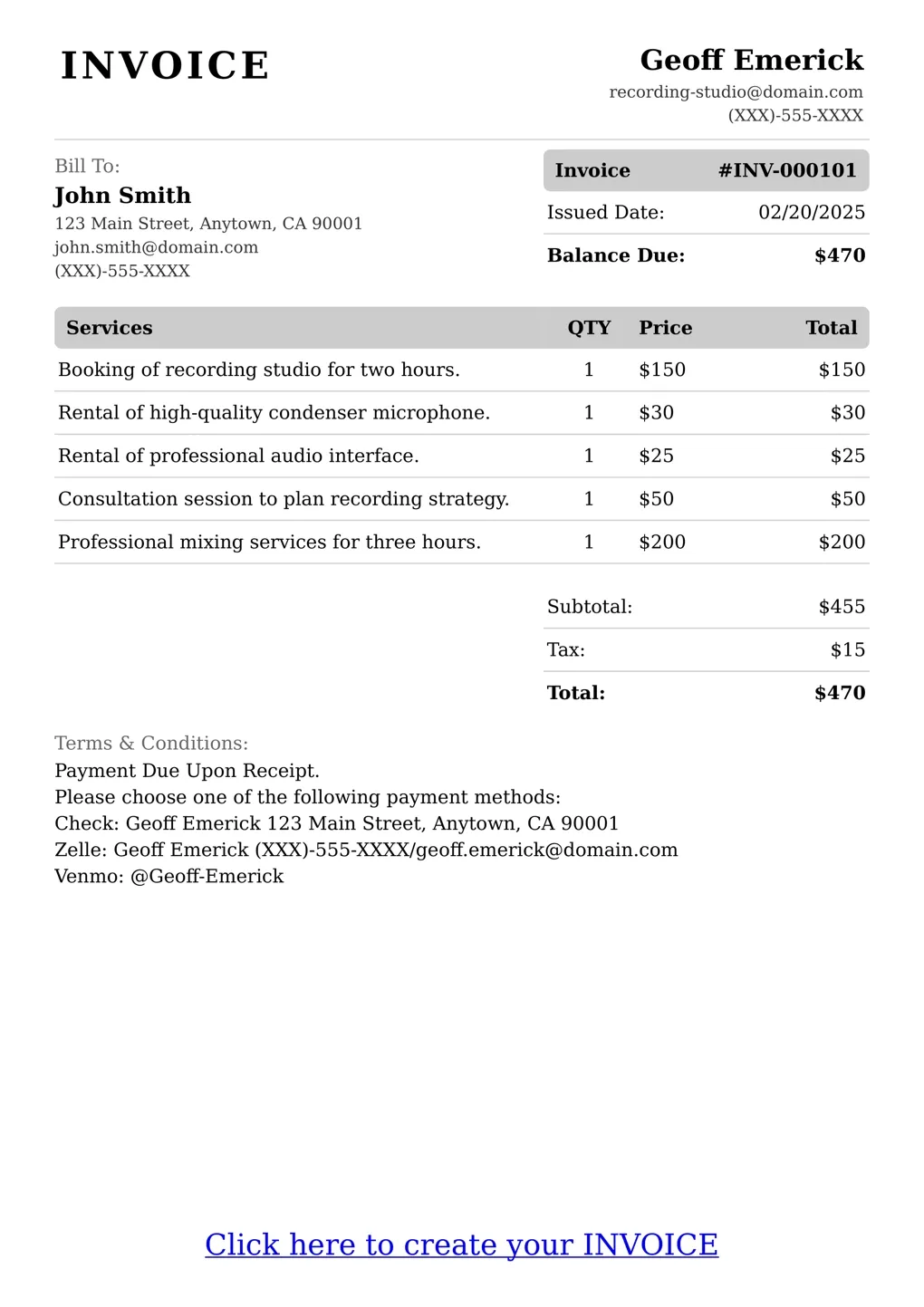 Sample of a Recording Studio services invoice