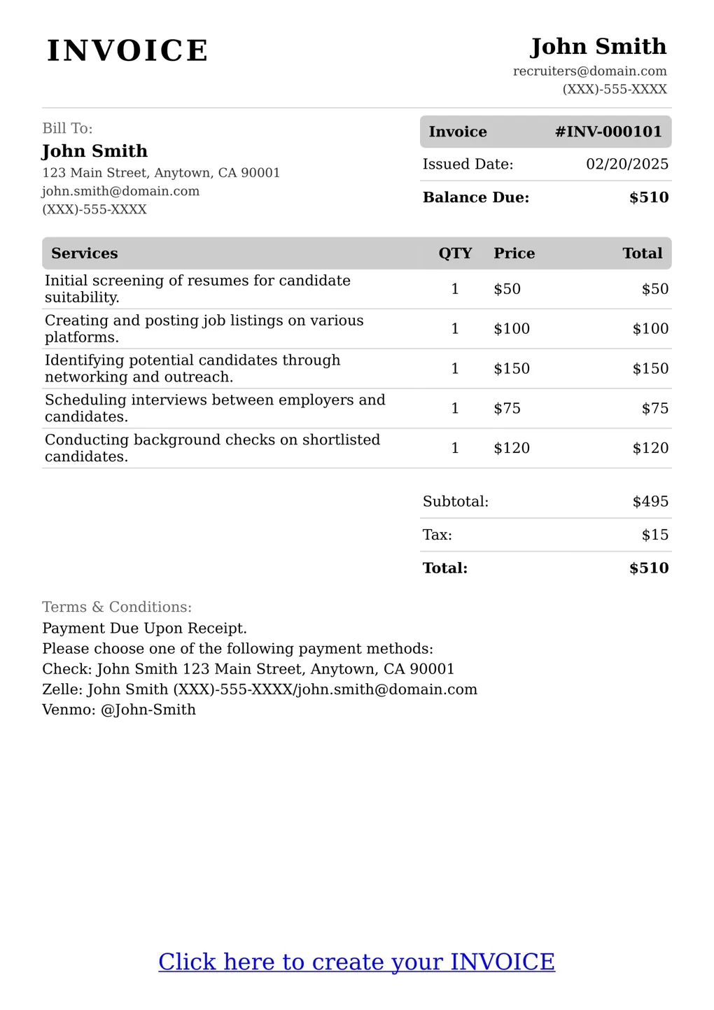 Sample of a Recruiters services invoice
