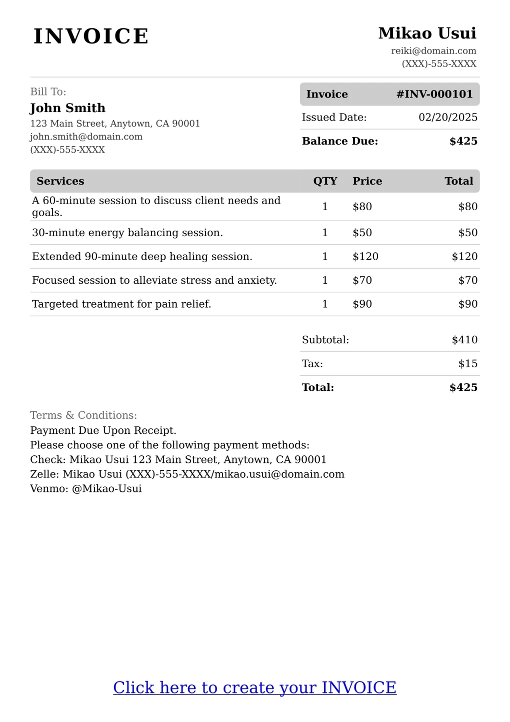 Sample of a Reiki services invoice