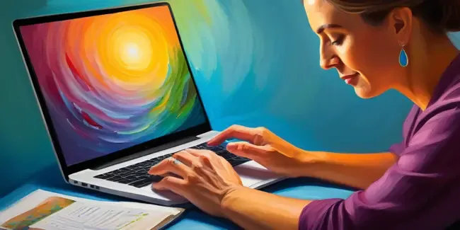 Reiki professional working at a laptop
