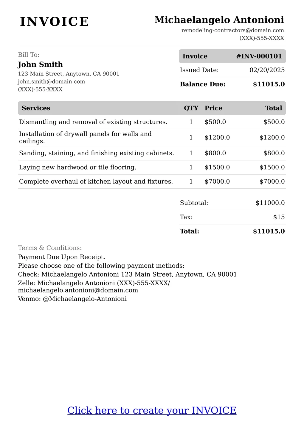 Sample of a Remodeling Contractors services invoice