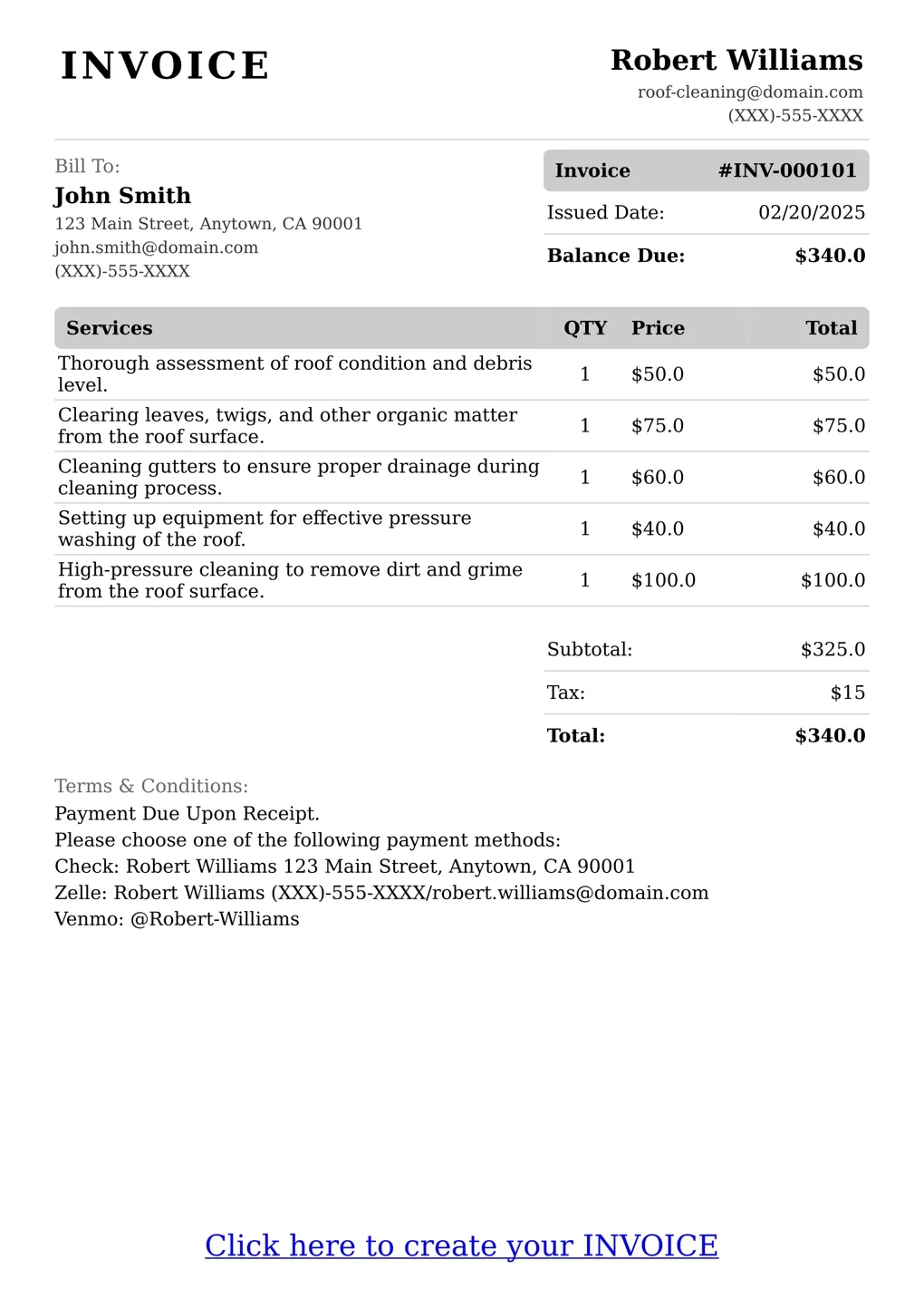 Sample of a Roof Cleaning services invoice
