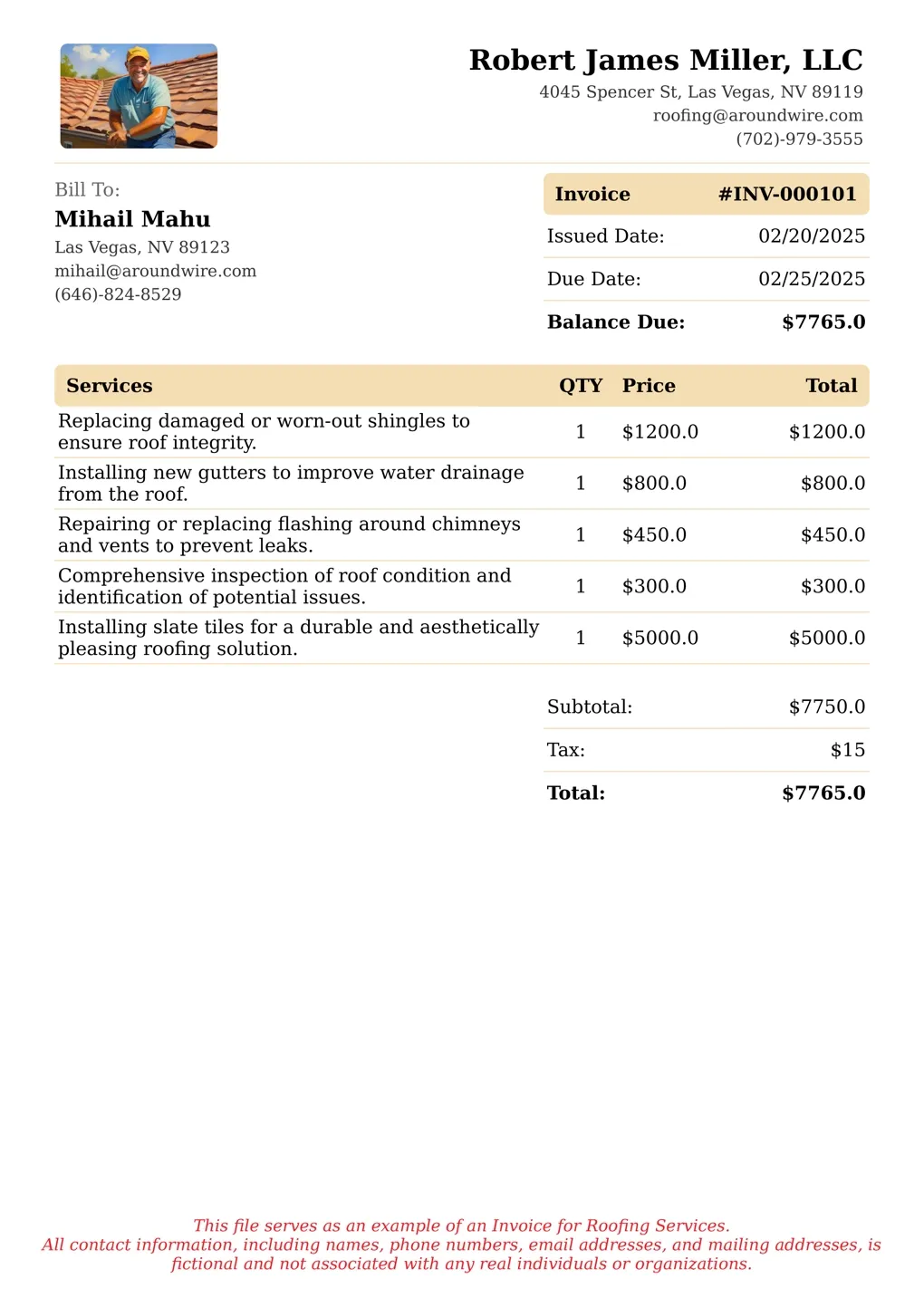 Sample of a Roofing services invoice