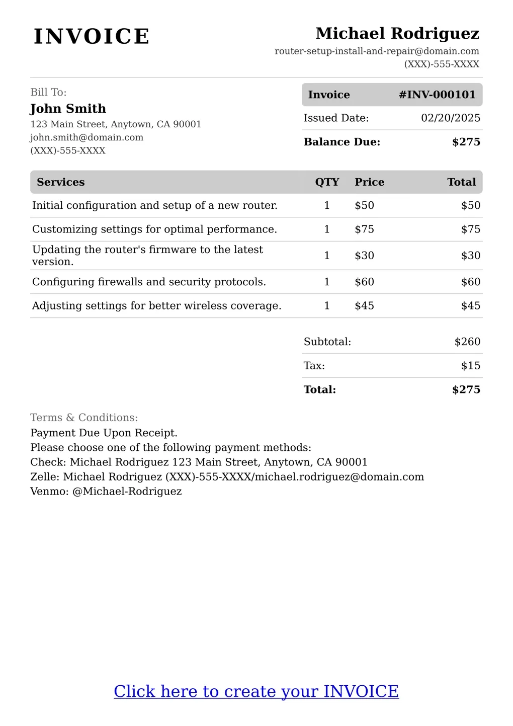 Sample of a Router Setup Install And Repair services invoice