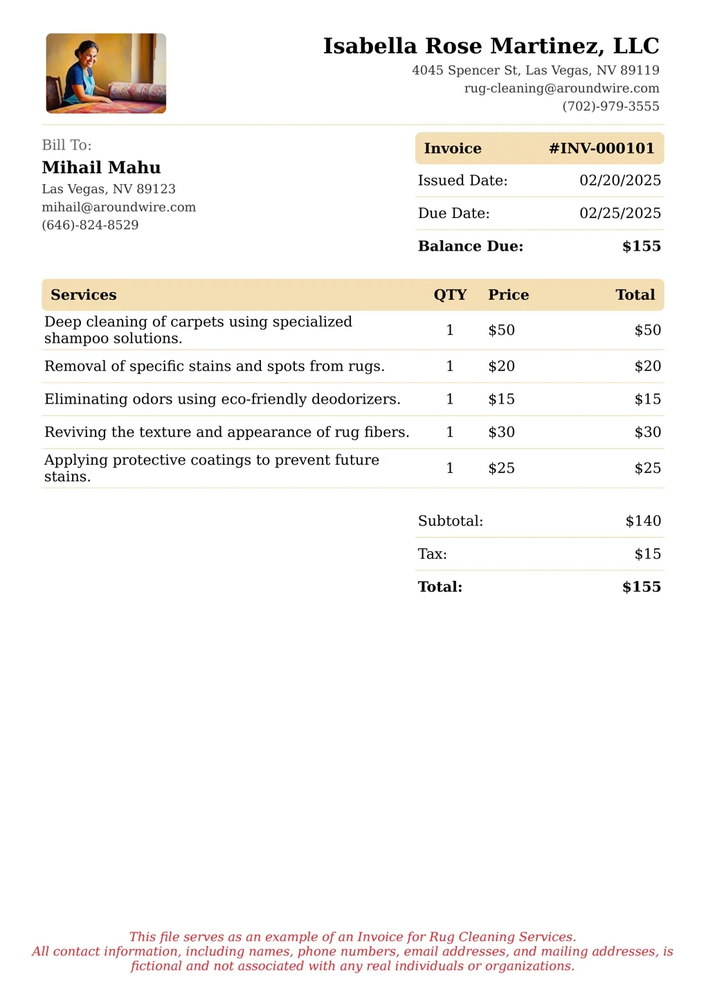 Sample of a Rug Cleaning services invoice
