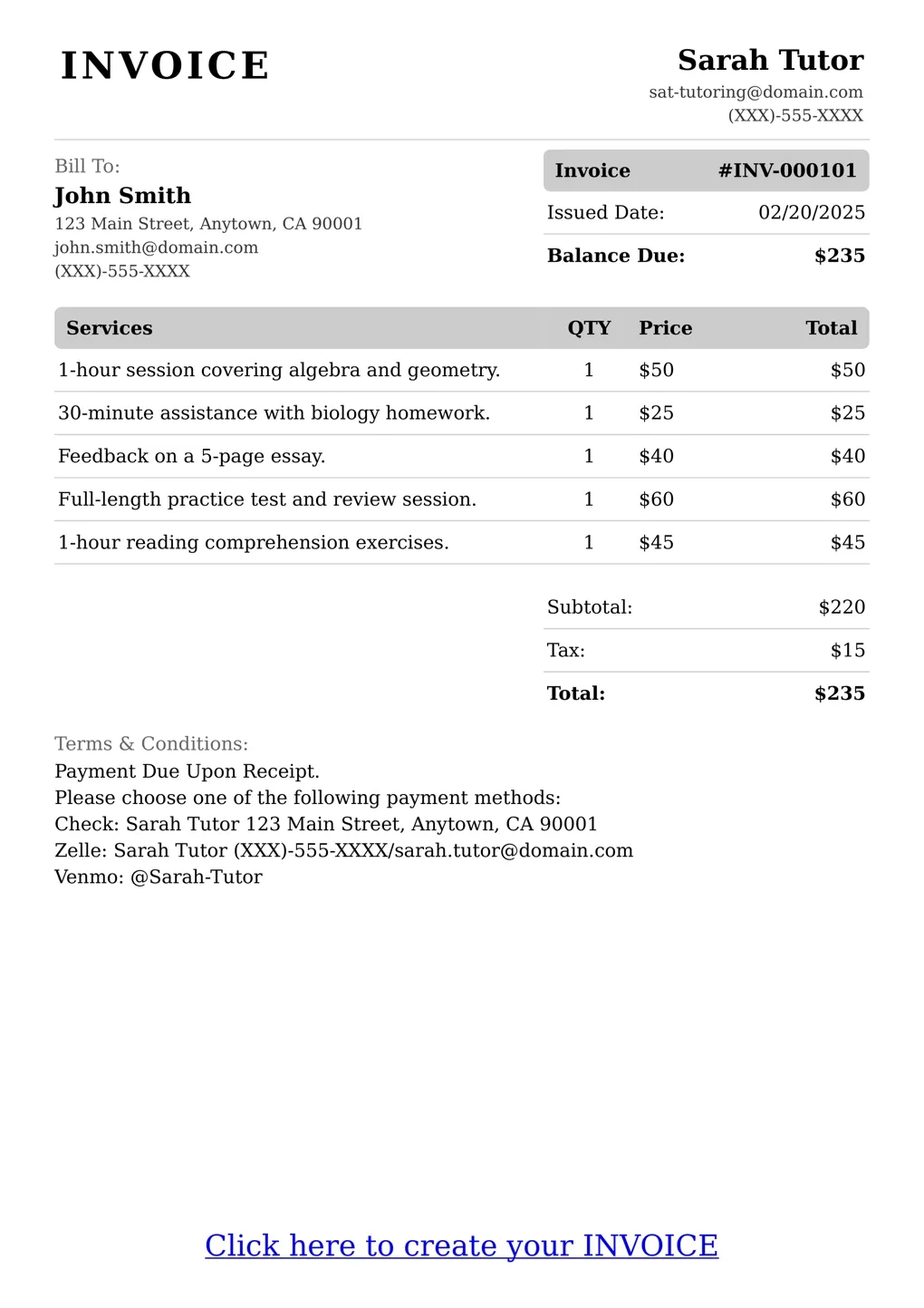Sample of a Sat Tutoring services invoice