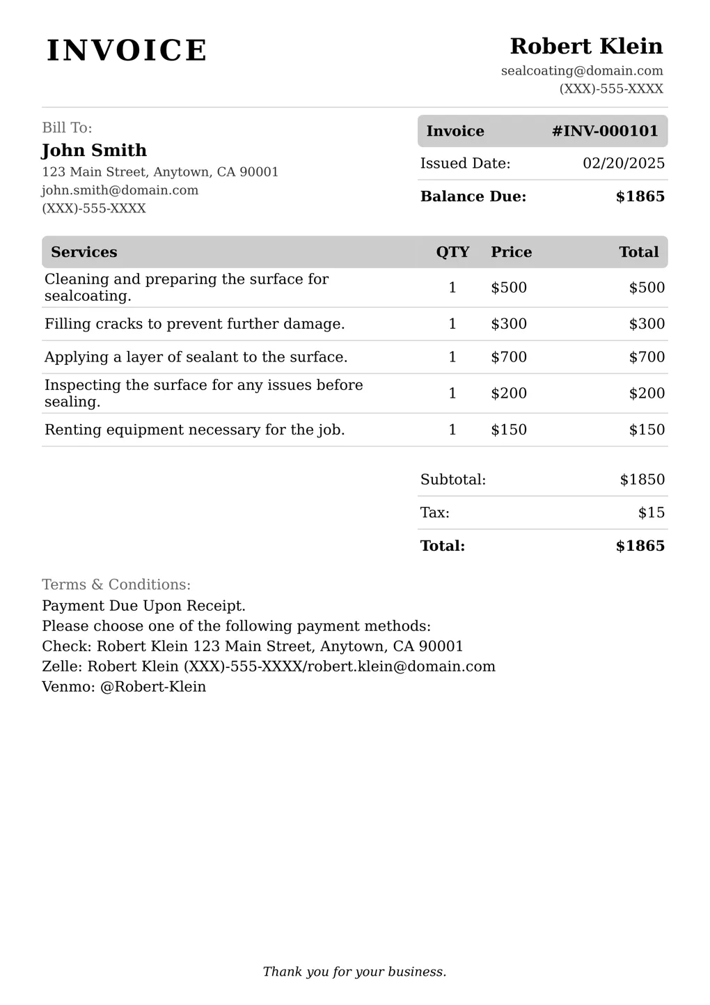 Sample of a Sealcoating services invoice