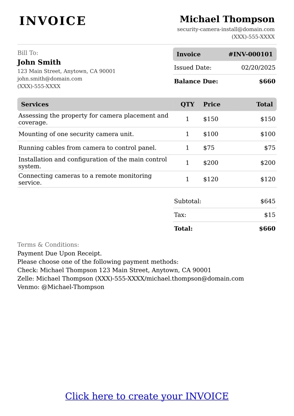 Sample of a Security Camera Install services invoice