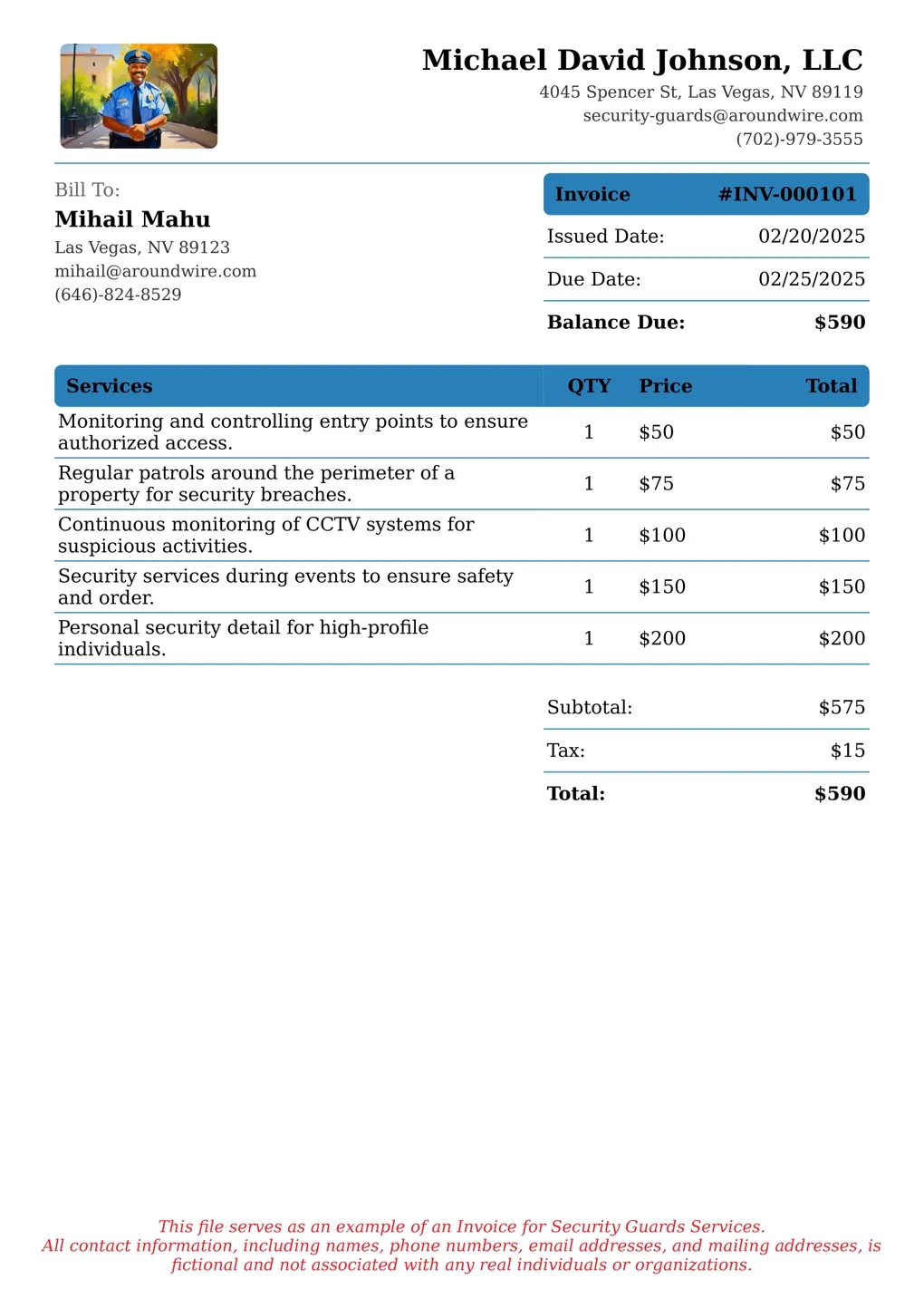 Sample of a Security Guards services invoice