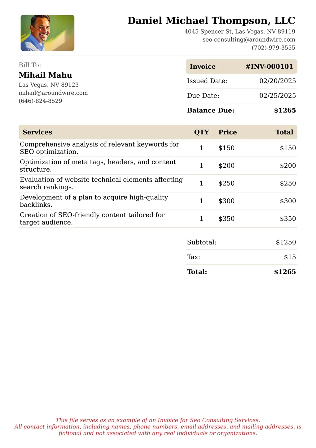 Sample of a Seo Consulting services invoice