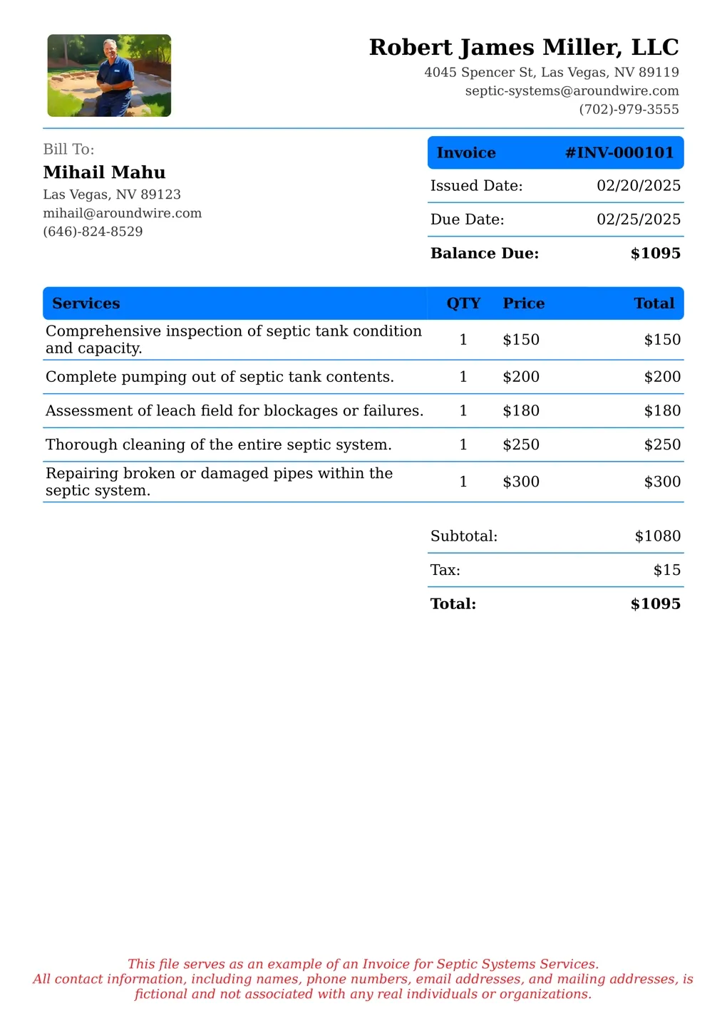 Sample of a Septic Systems services invoice