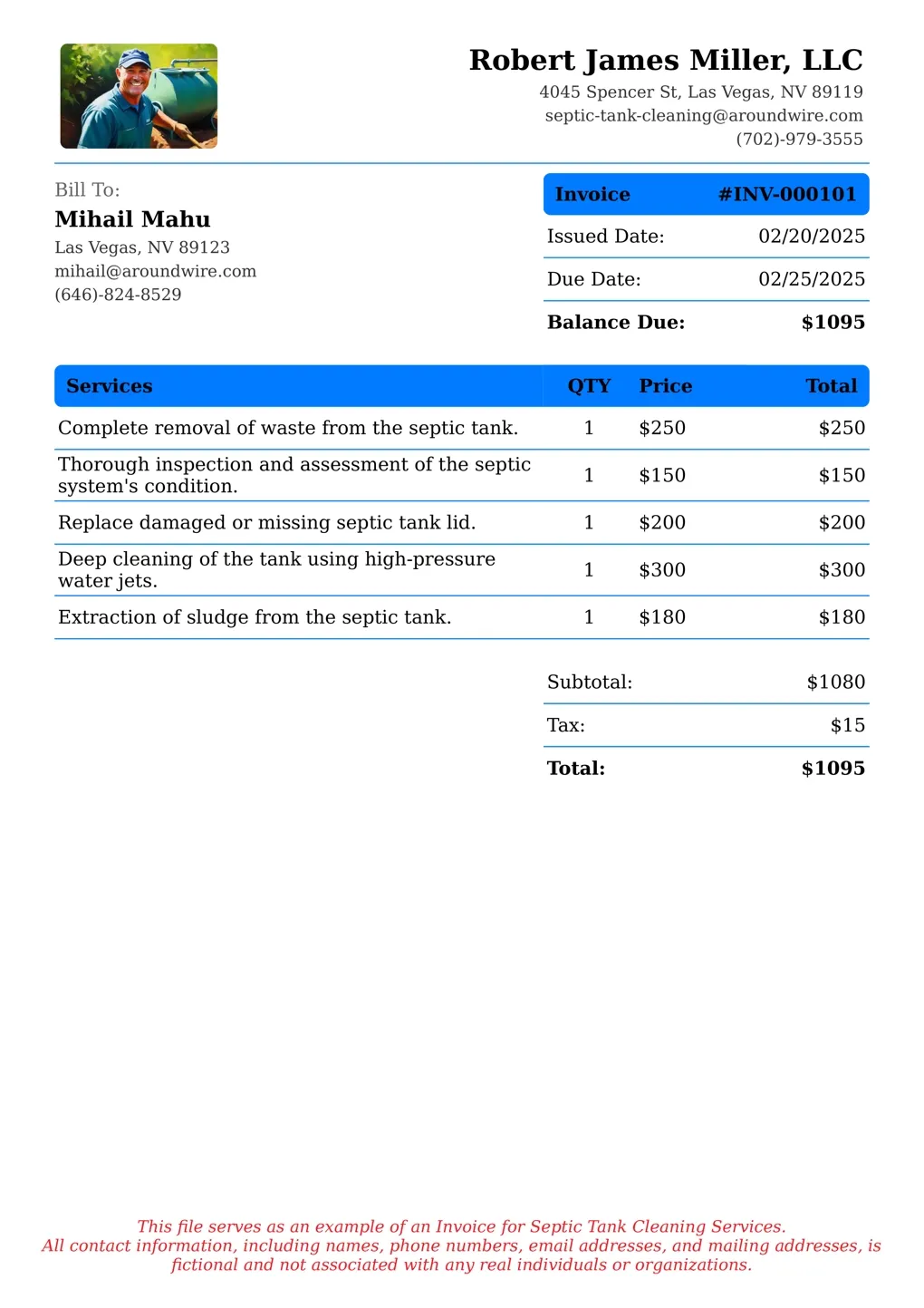 Sample of a Septic Tank Cleaning services invoice