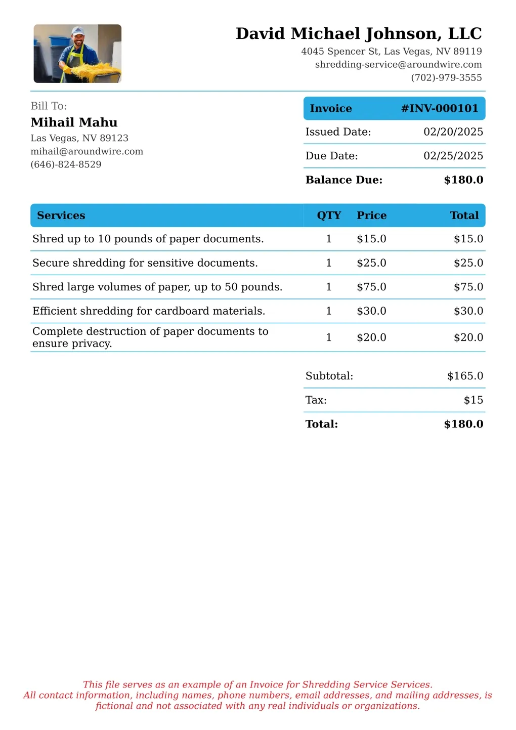 Sample of a Shredding Service services invoice
