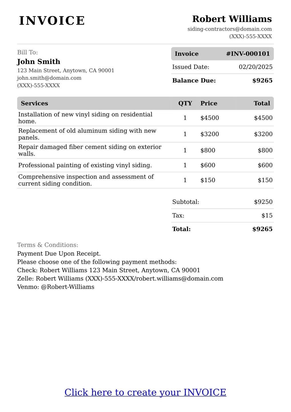 Sample of a Siding Contractors services invoice