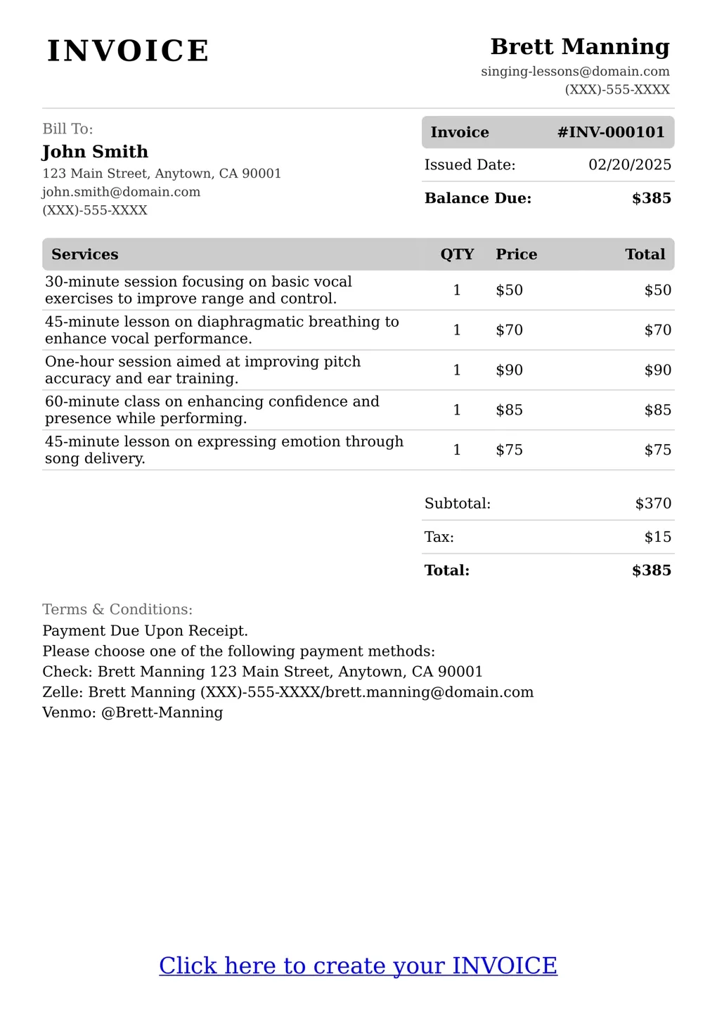 Sample of a Singing Lessons services invoice