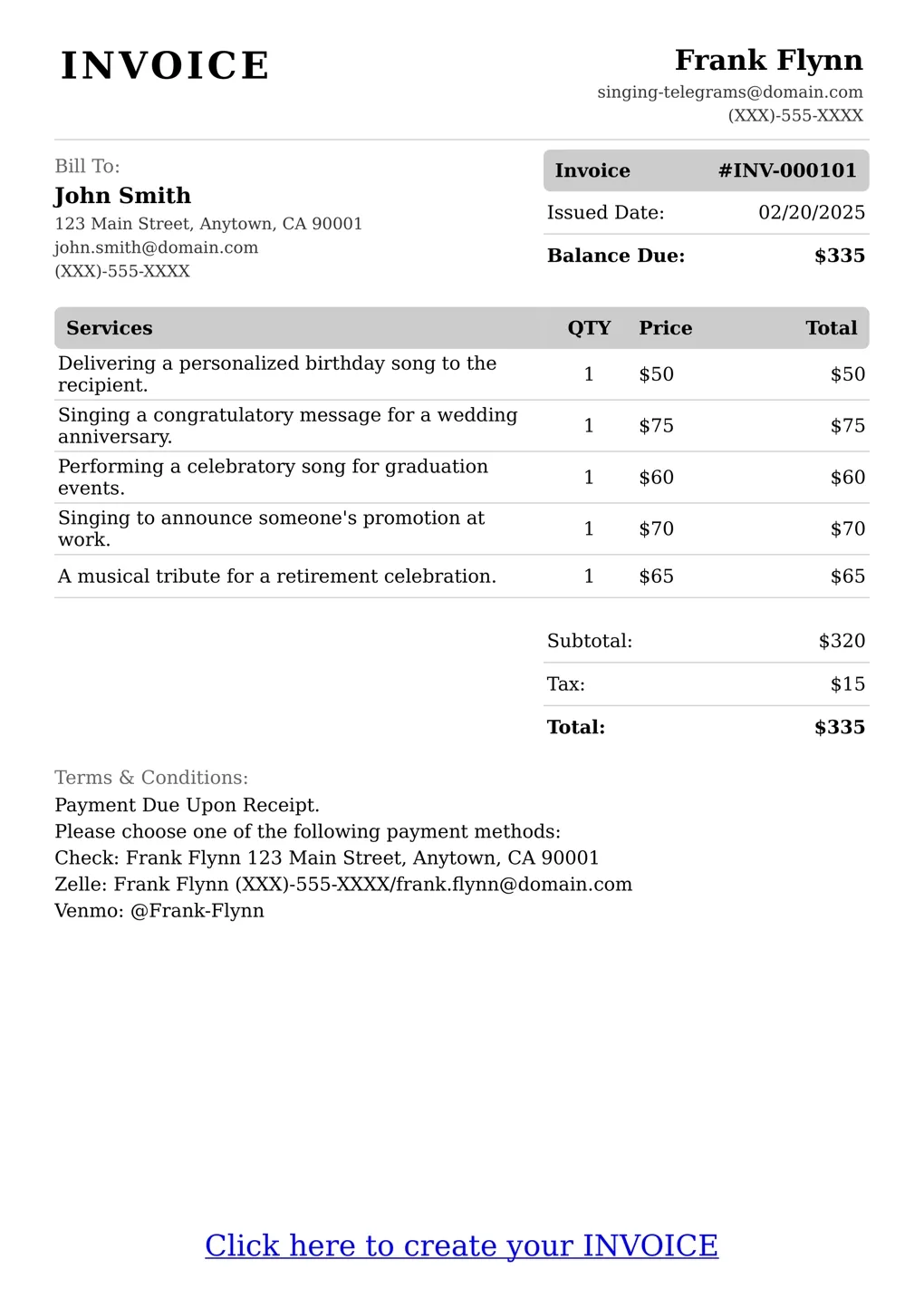 Sample of a Singing Telegrams services invoice