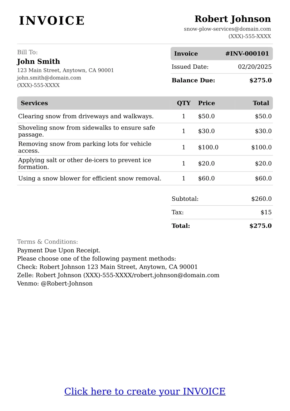 Sample of a Snow Plow Services services invoice