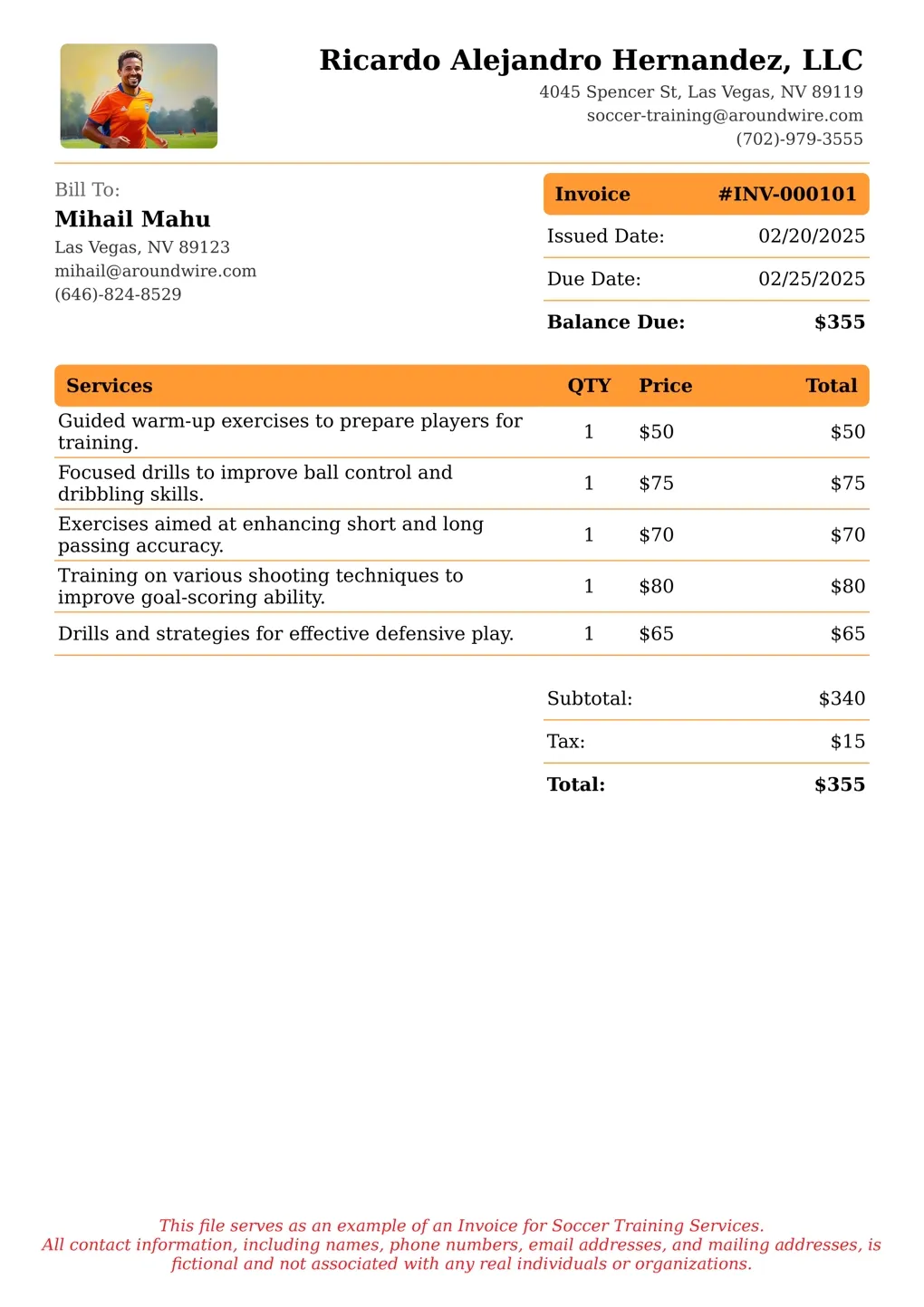 Sample of a Soccer Training services invoice
