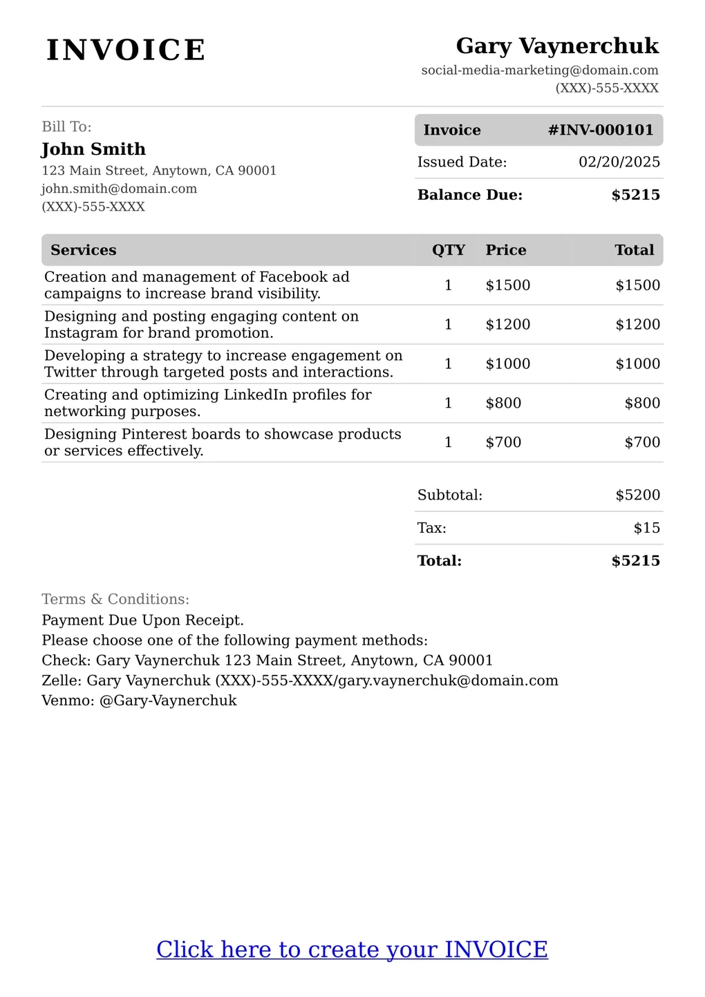 Sample of a Social Media Marketing services invoice
