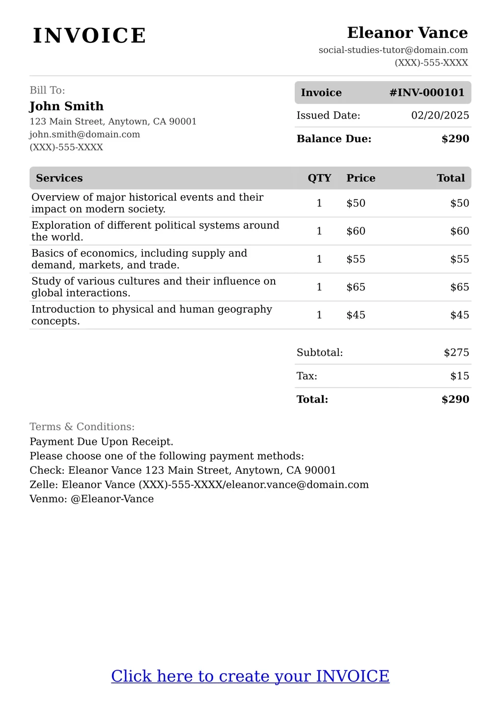 Sample of a Social Studies Tutor services invoice