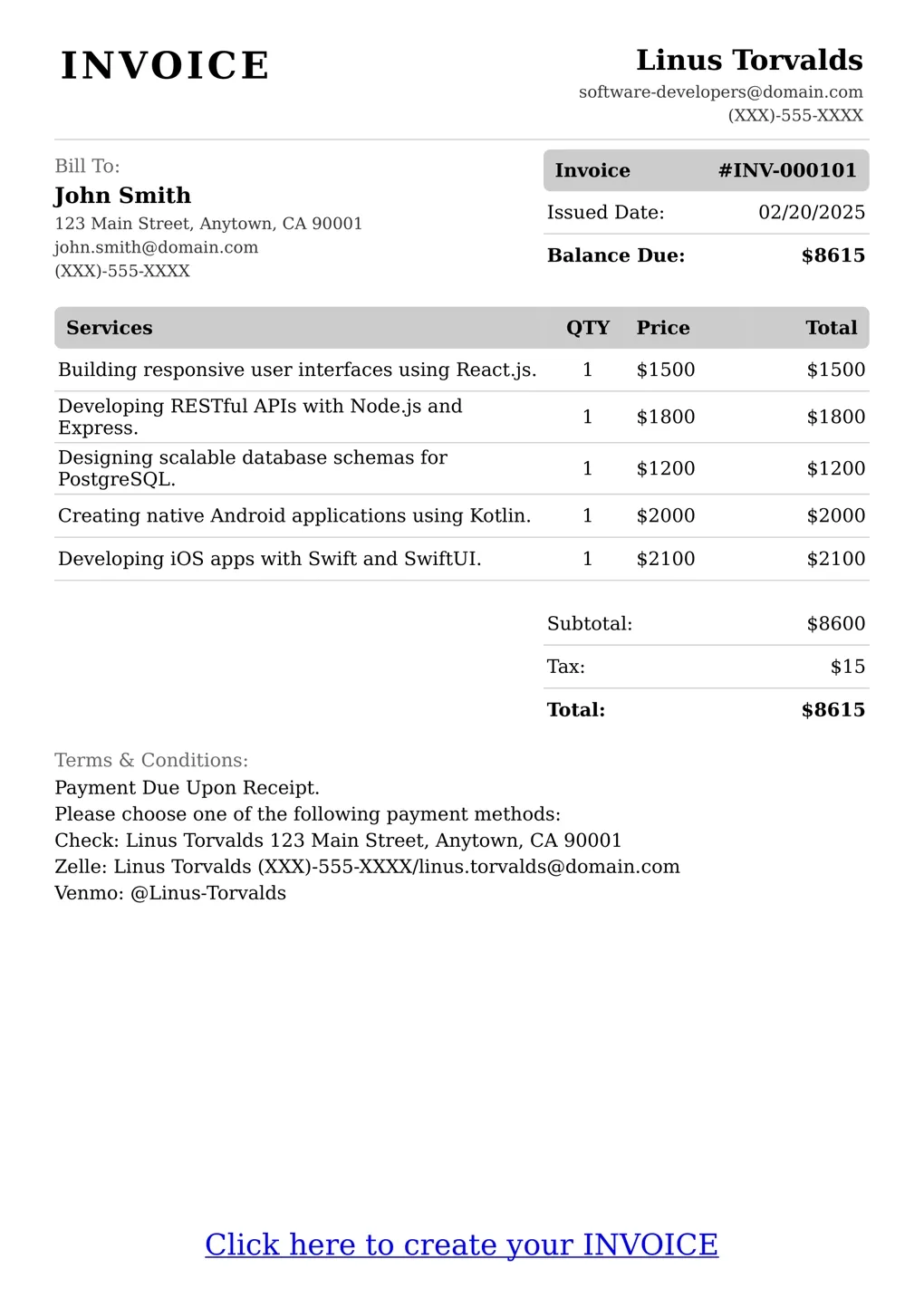 Sample of a Software Developers services invoice