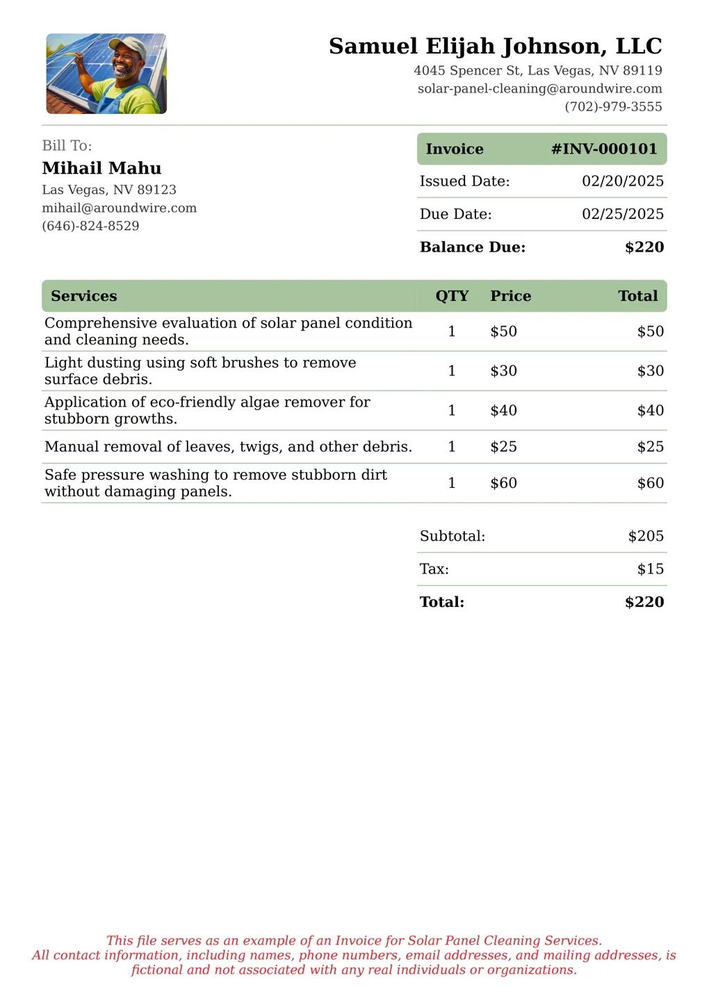 Sample of a Solar Panel Cleaning services invoice