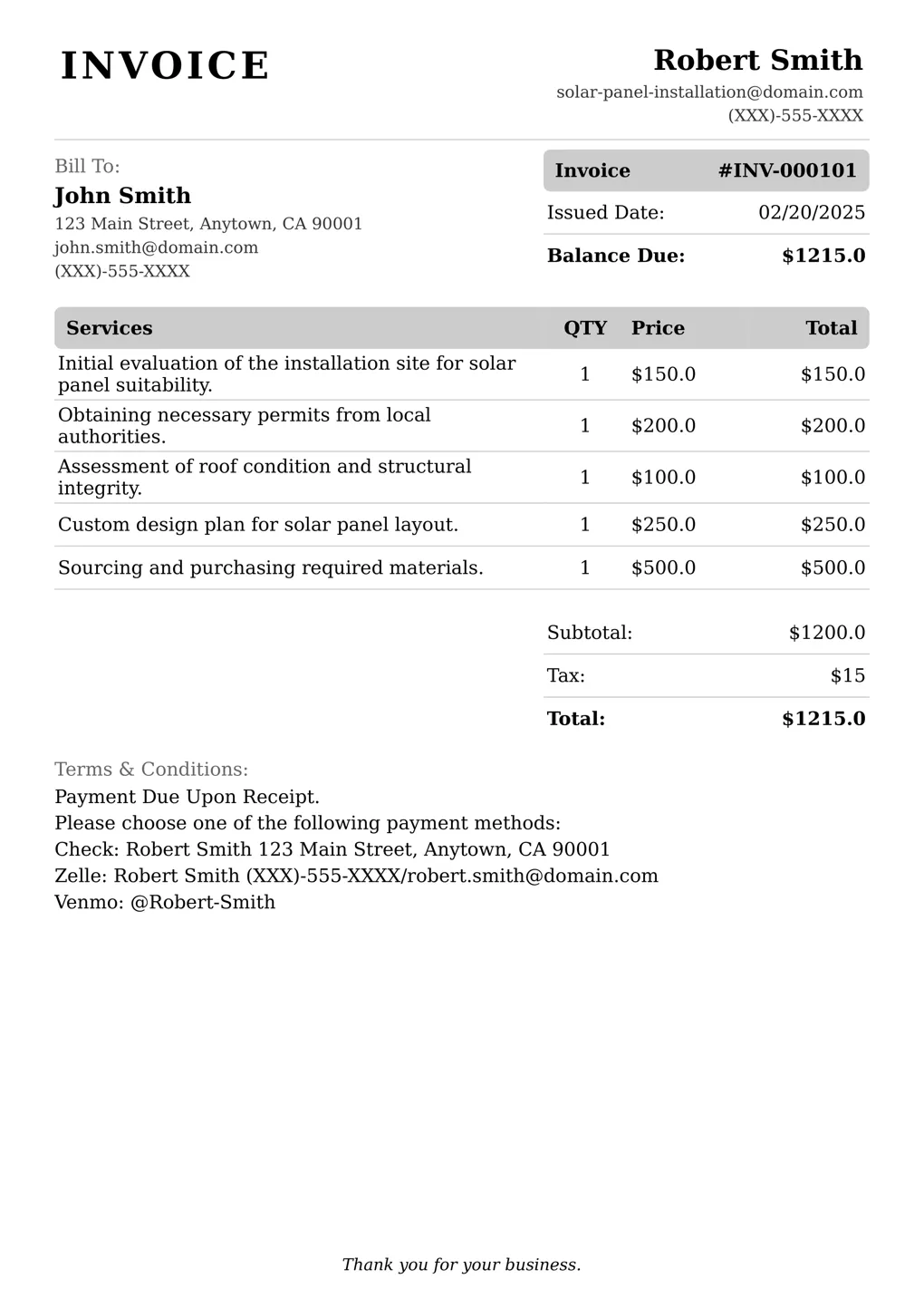 Sample of a Solar Panel Installation services invoice