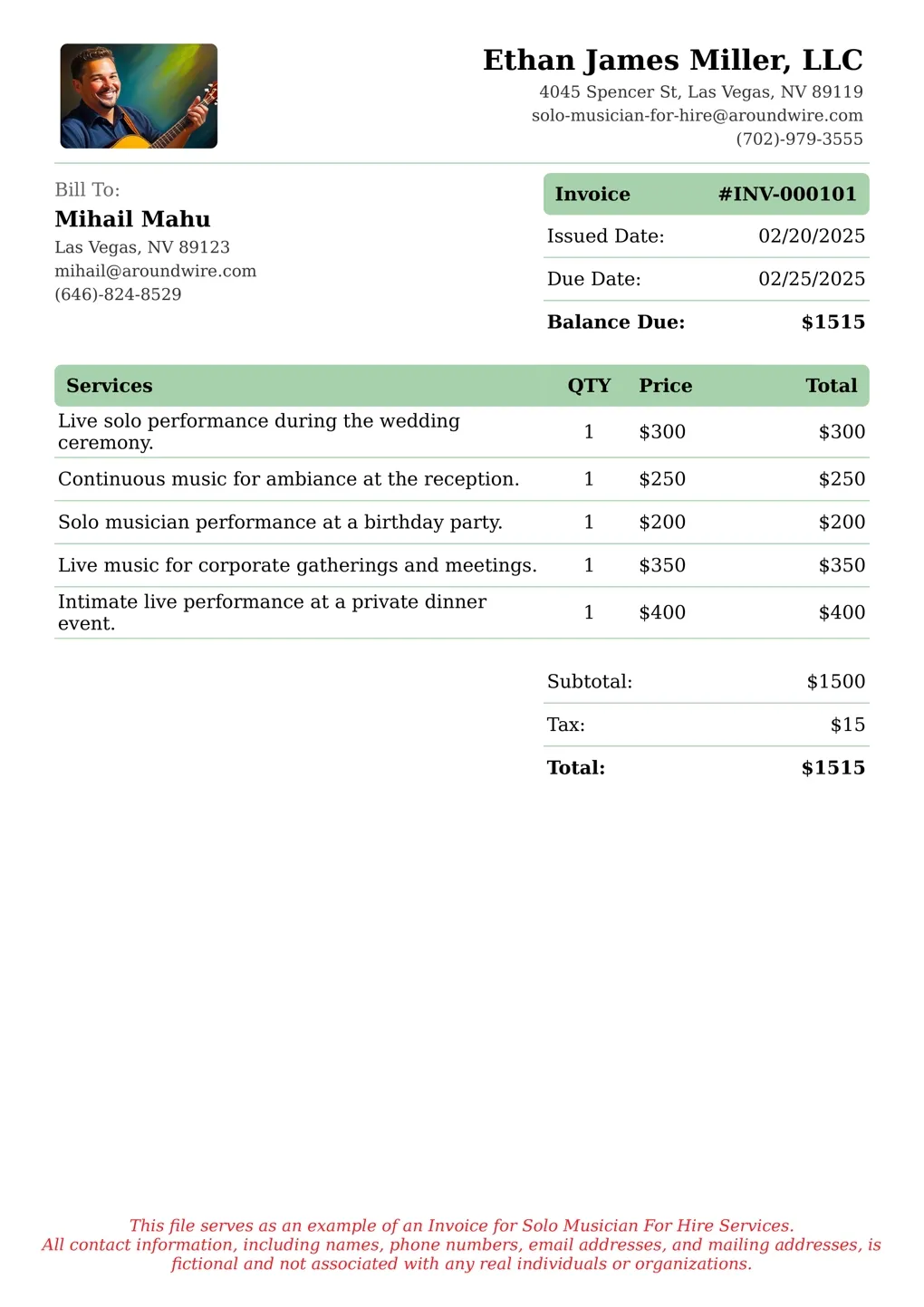 Sample of a Solo Musician For Hire services invoice