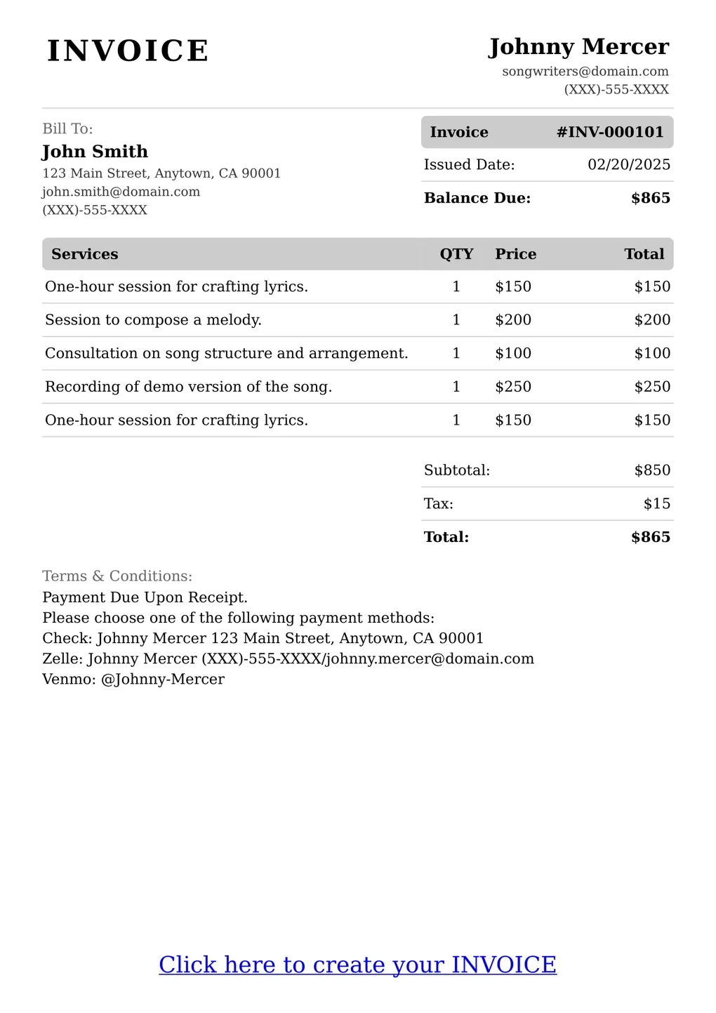 Sample of a Songwriters services invoice