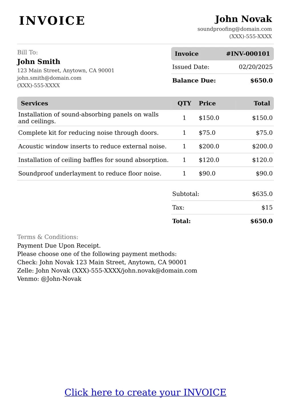 Sample of a Soundproofing services invoice