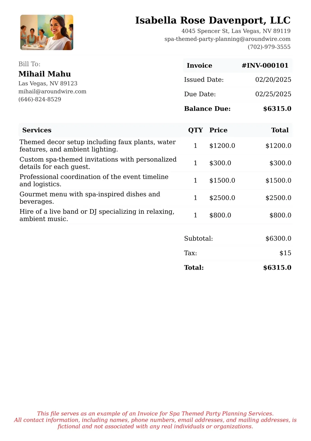 Sample of a Spa Themed Party Planning services invoice