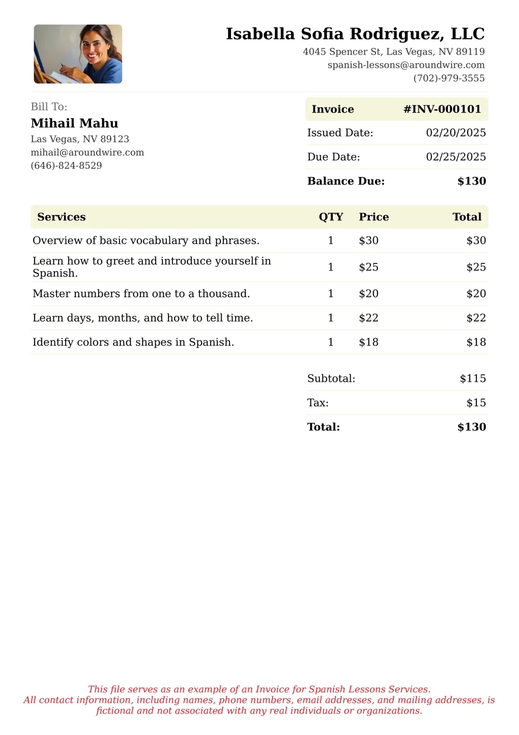 Sample of a Spanish Lessons services invoice
