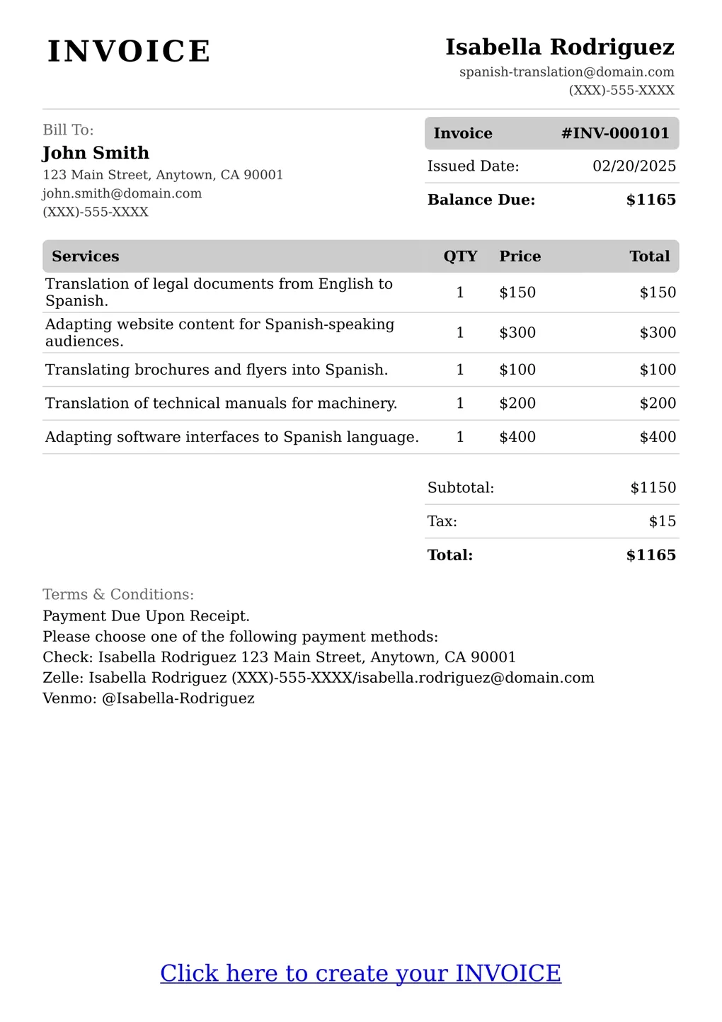 Sample of a Spanish Translation services invoice