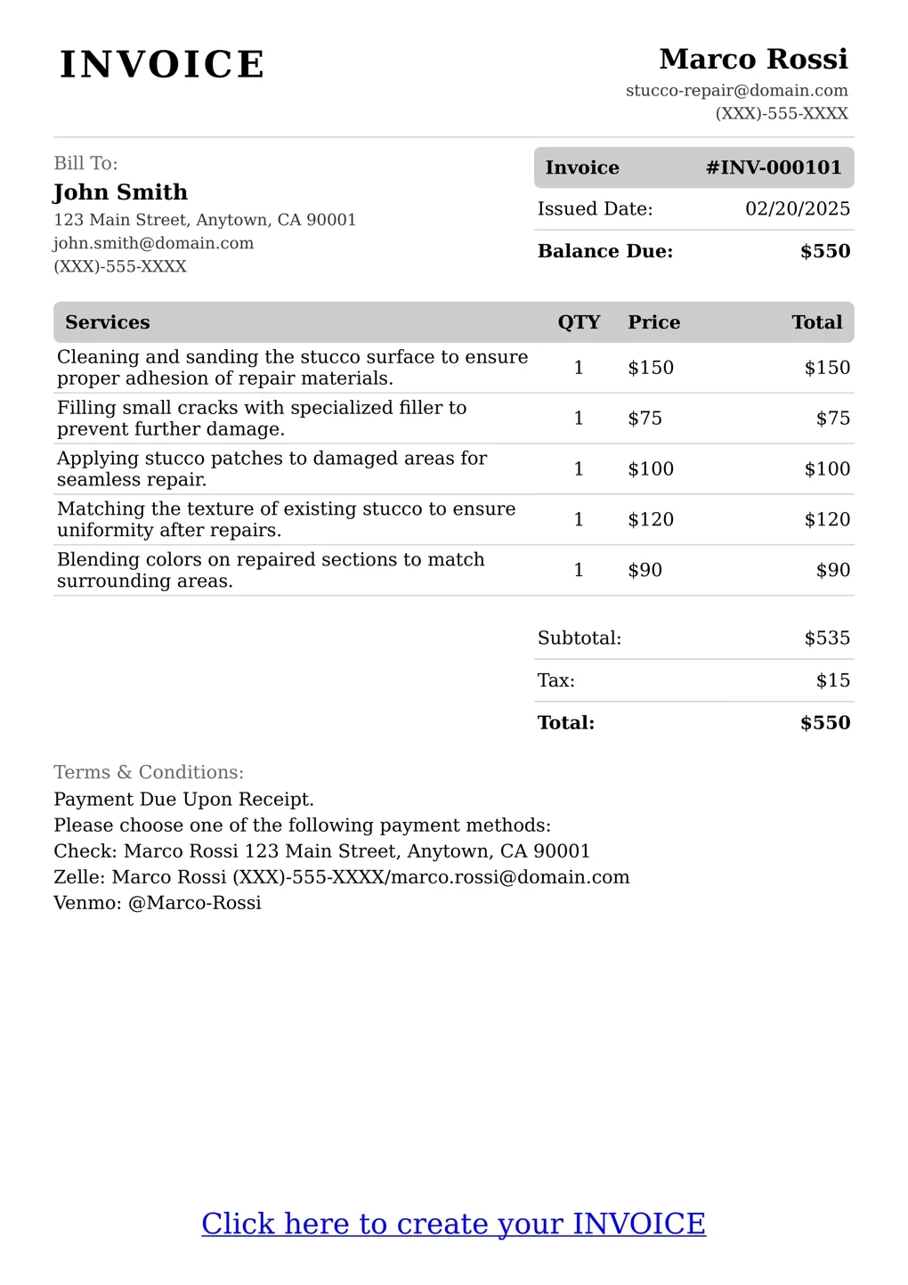 Sample of a Stucco Repair services invoice