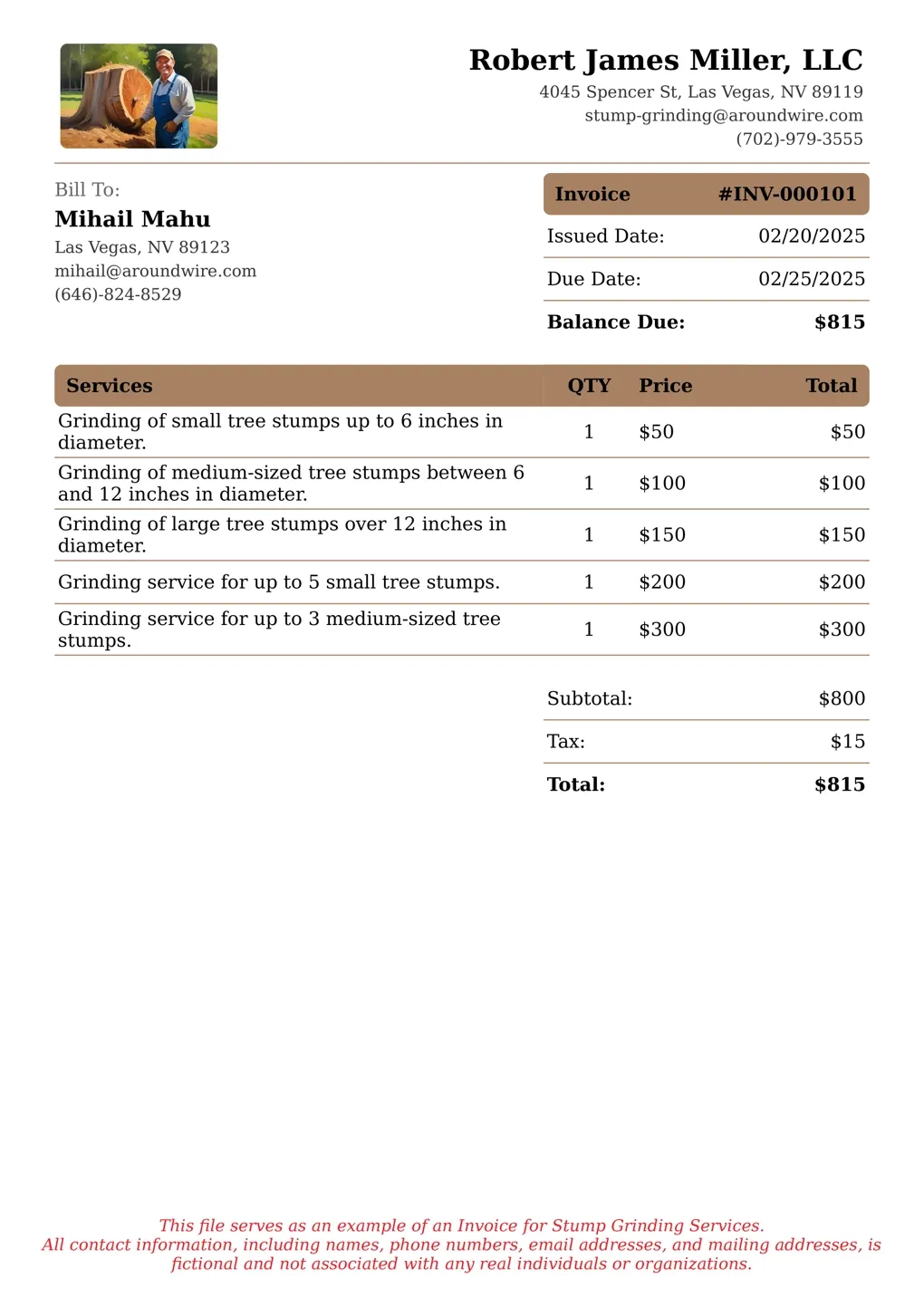 Sample of a Stump Grinding services invoice