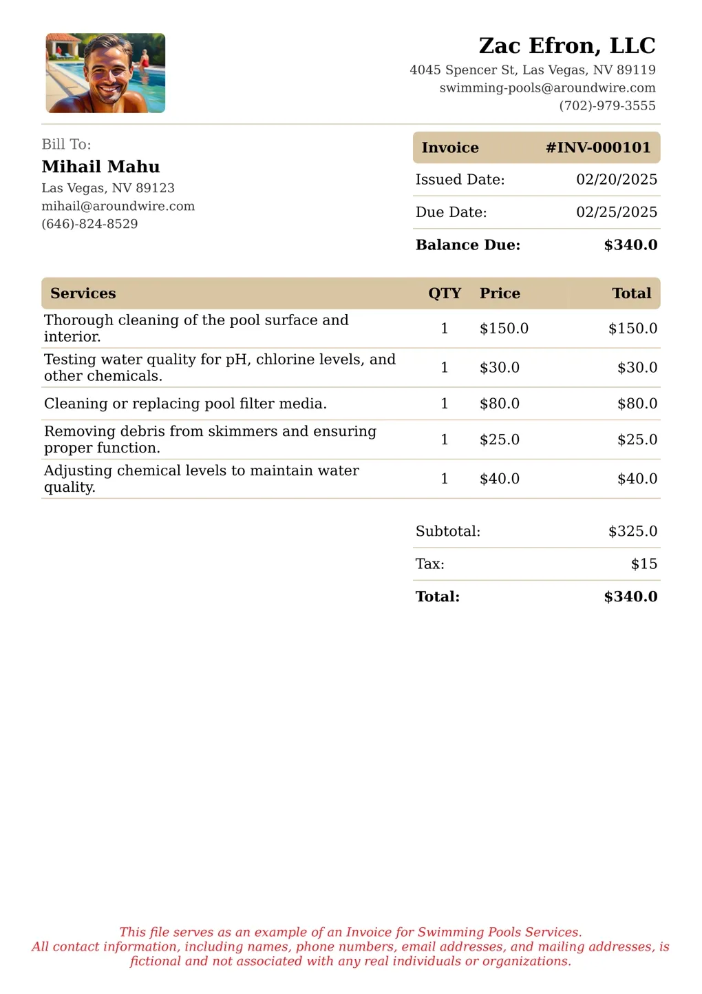 Sample of a Swimming Pools services invoice