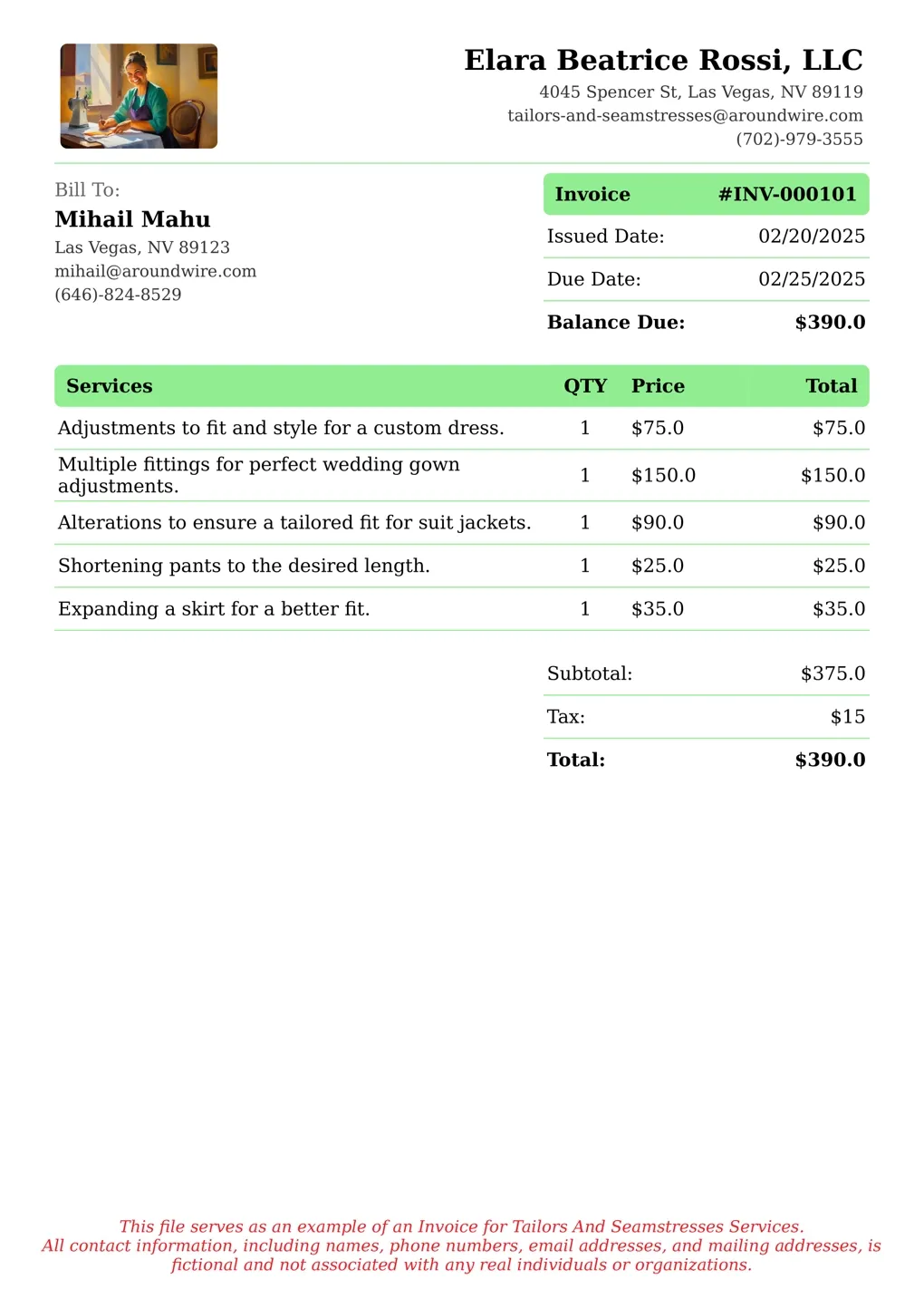 Sample of a Tailors And Seamstresses services invoice