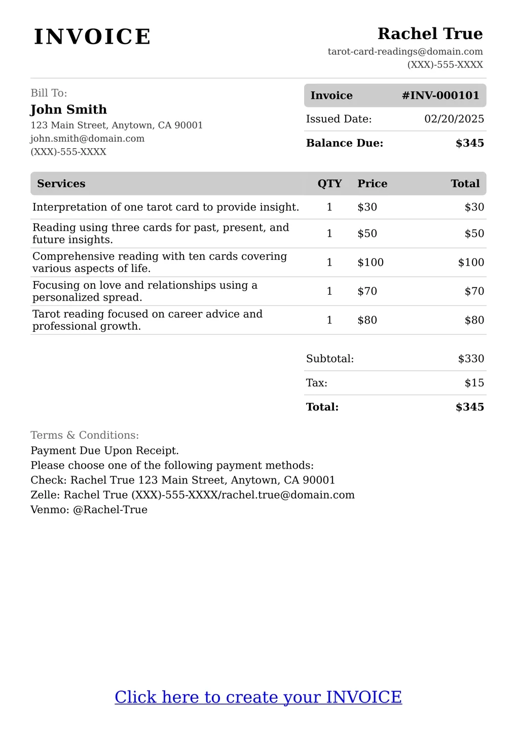 Sample of a Tarot Card Readings services invoice